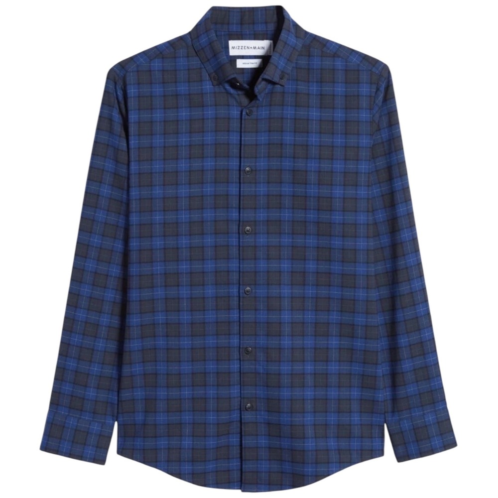 Mizzen + Main Leeward Trim Fit Plaid Performance Shirt Blue Gray Large Mens